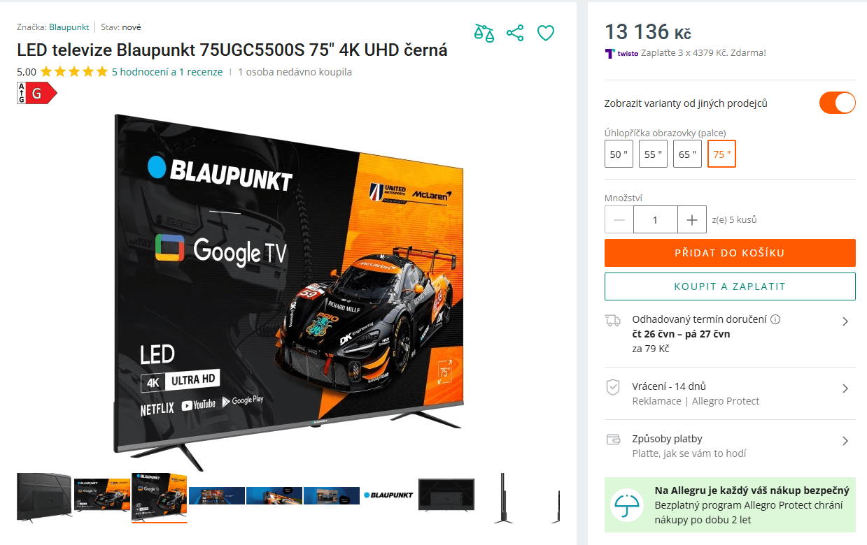 4K Google TV, 191 cm, Blaupunkt