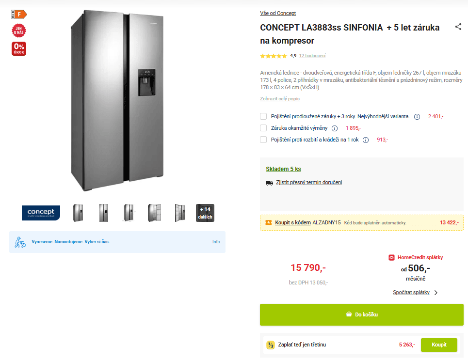 Americká lednice Concept, voda, A+, menší