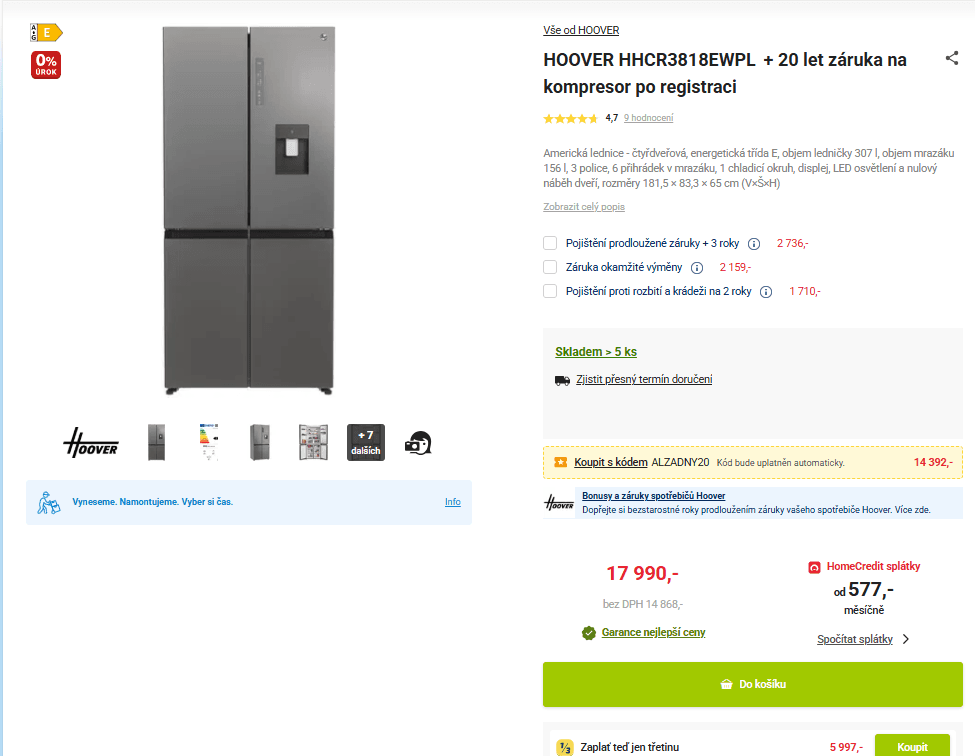 Americká lednice Hoover, voda, 182cm