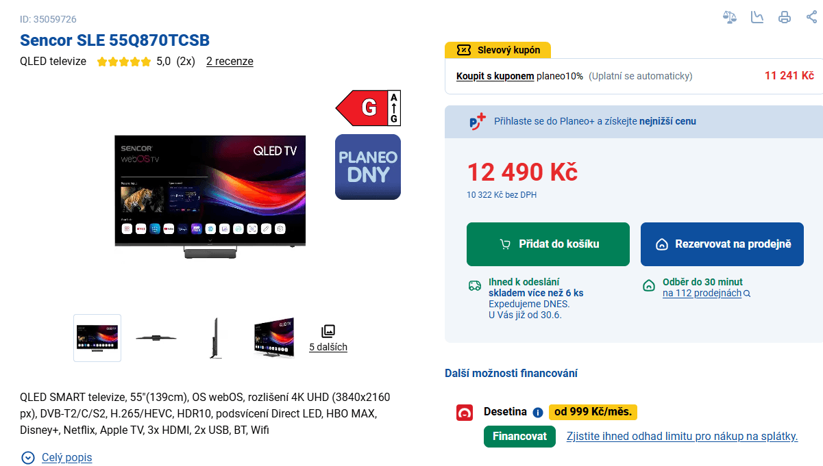 4K QLED Smart TV 139cm, Sencor