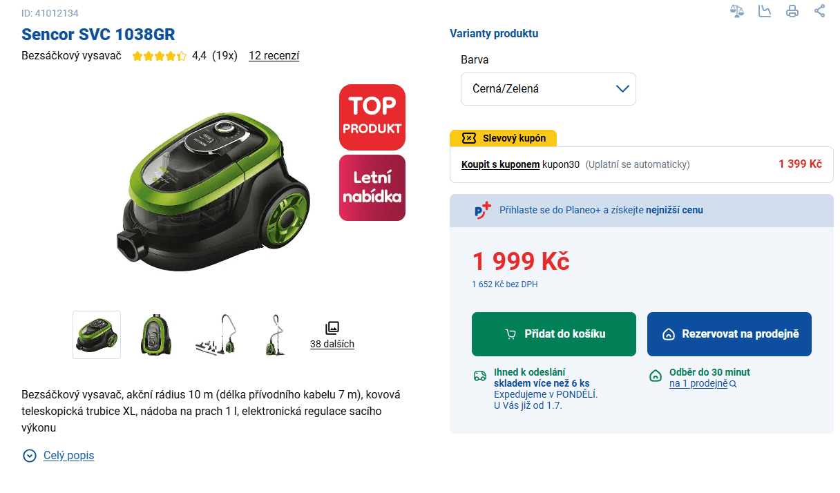 Bezsáčkový vysavač Sencor SVC 1038GR