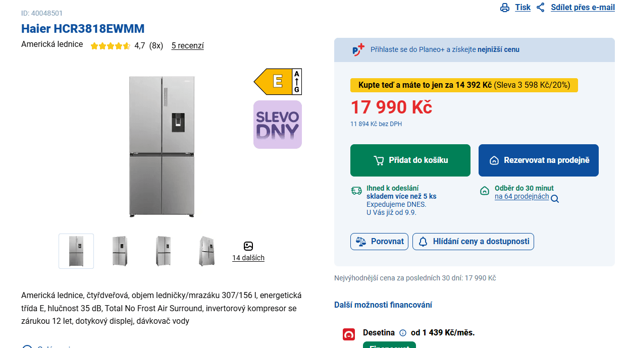 Americká lednice Haier, voda, 182cm