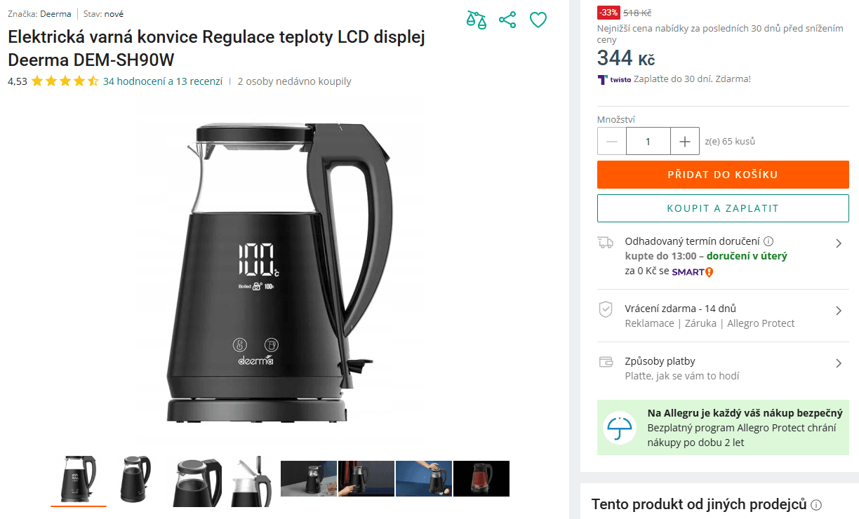 Rychlovarná konvice Deerma, 1,7l, teploty