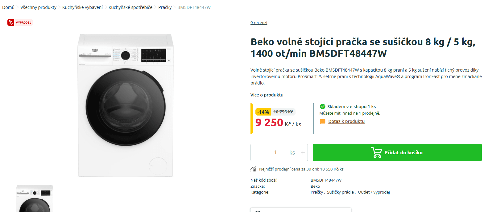 Pračka / Sušička Beko 8/5kg, 1400ot., pára
