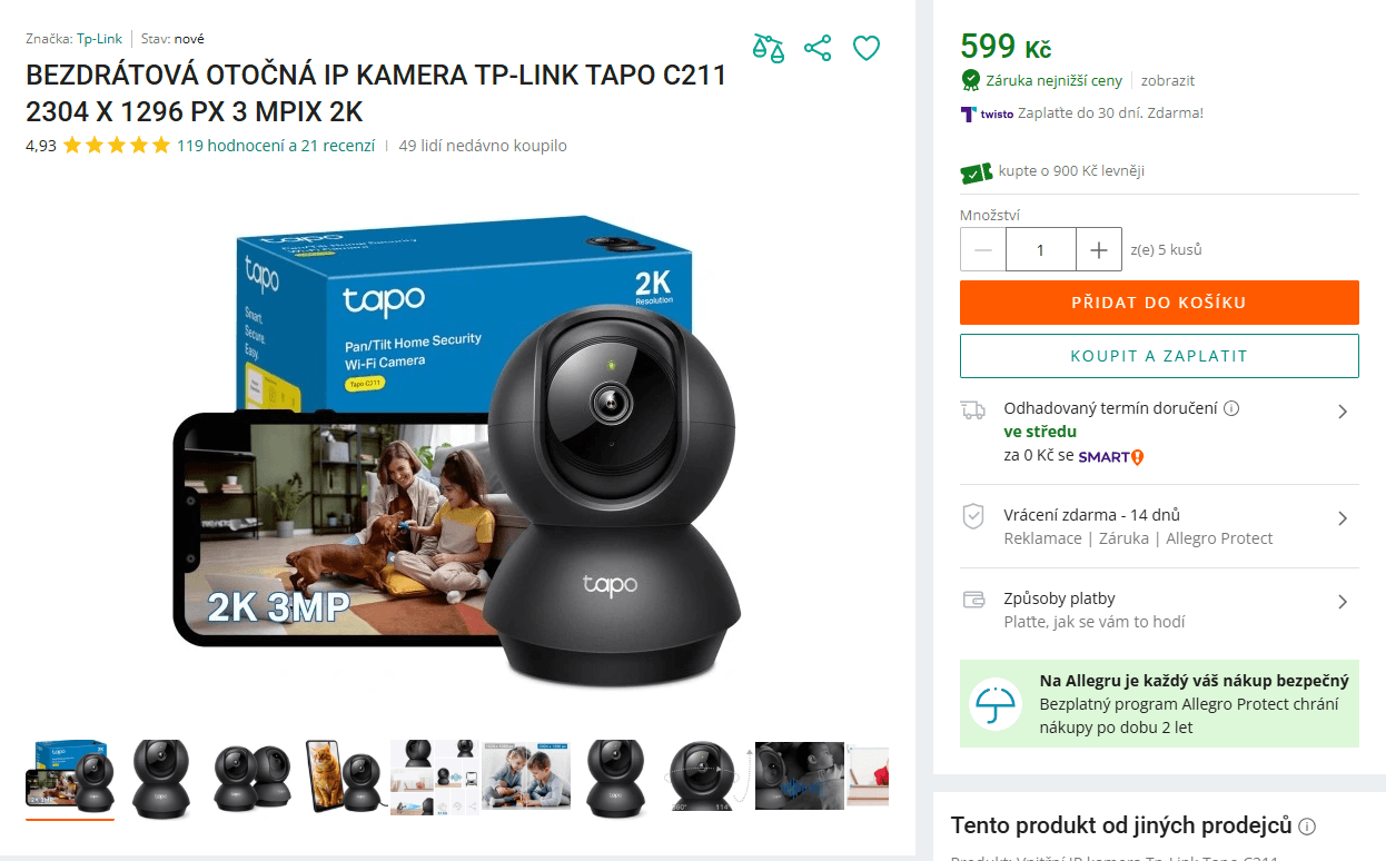 2K kamera Tapo, pohyb, detekce, noc