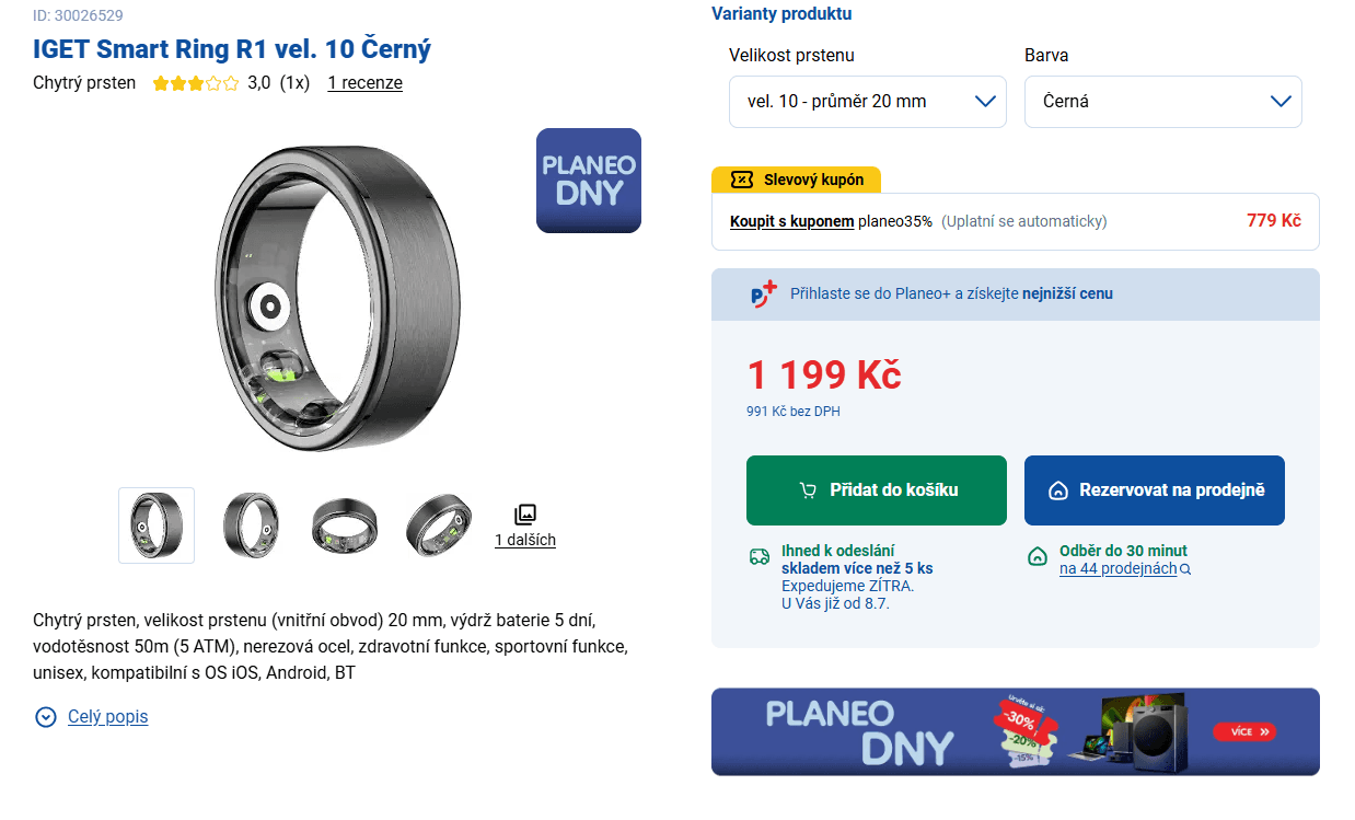 Chytrý prsten iGET Smart Ring R1 vel. 10