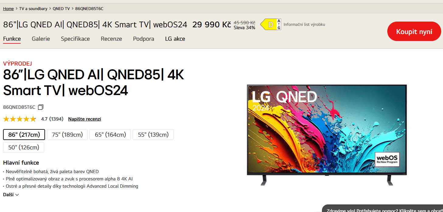 4K Smart TV 120Hz, 217cm LG