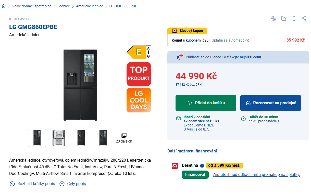 Americká lednice LG, Instaview, led, Wifi, 178cm