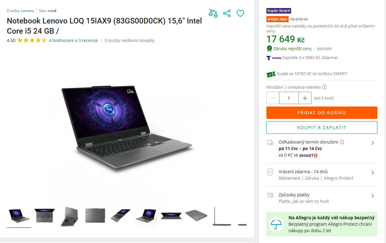 Lenovo i5 4,4GHz, 24/512GB, 8GB Nvidia, 15,6"