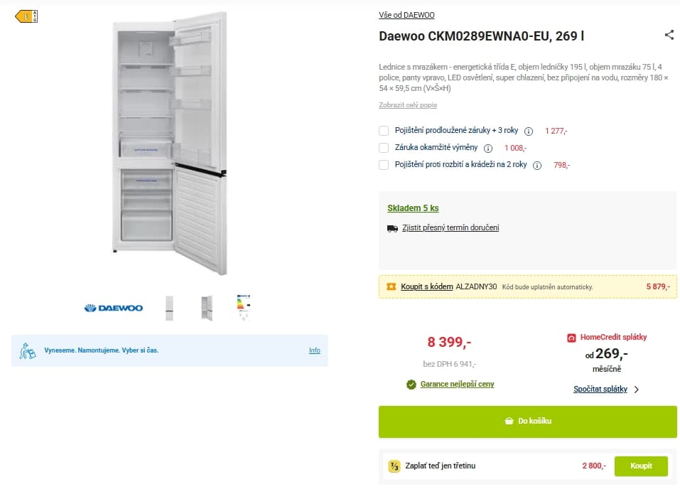 Lednice s mrazákem Daewoo 180 cm
