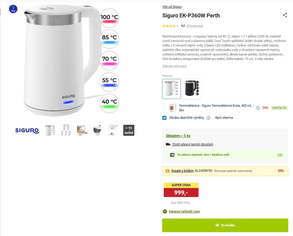 Rychlovarná konvice Siguro, 1,7l, teploty