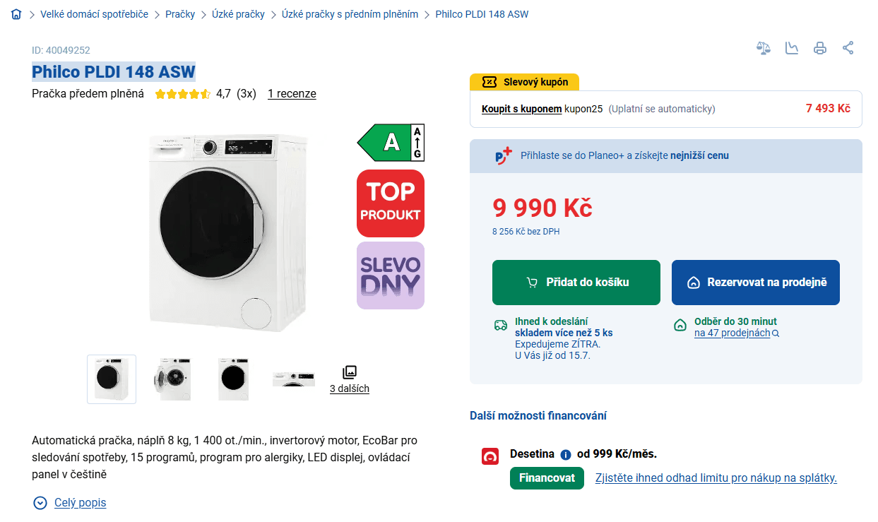 Parní pračka Philco, 8 kg, 1400, A