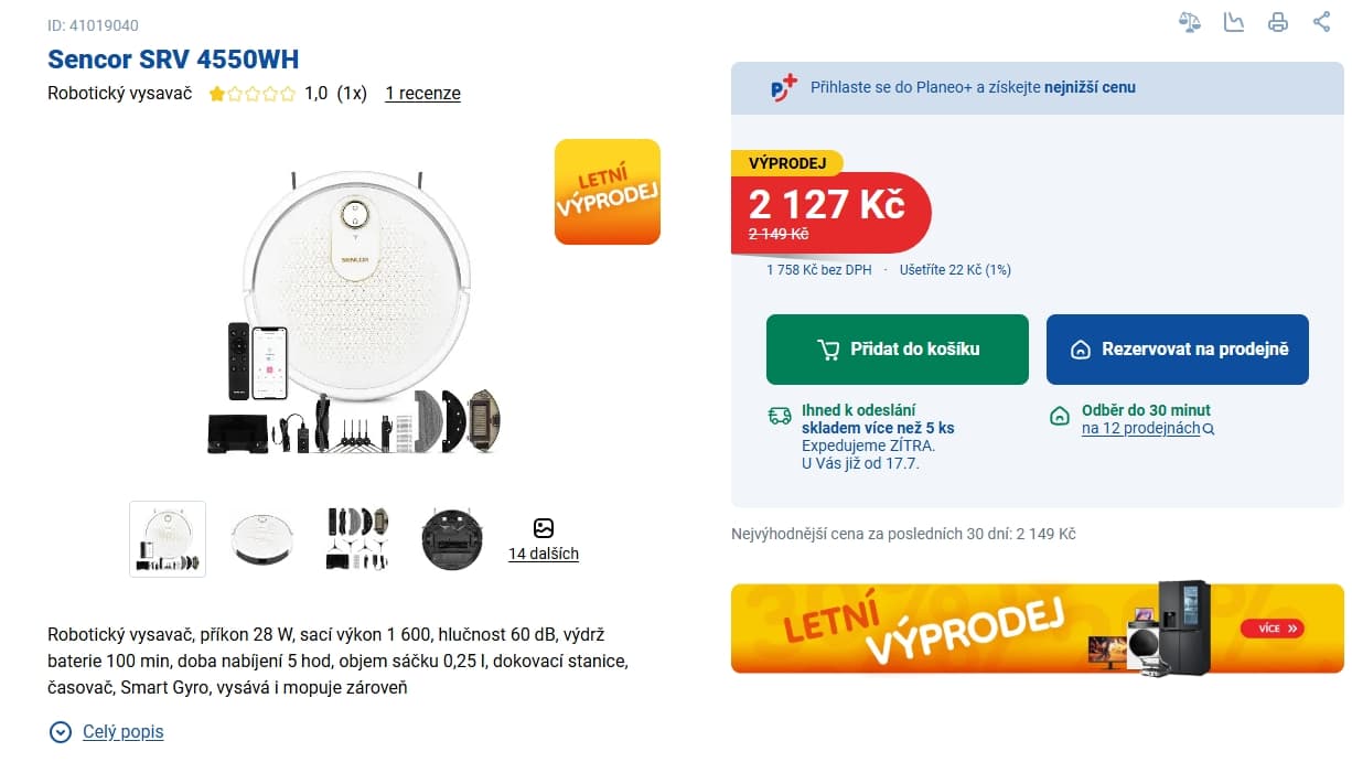 Robotický vysavač s mopem Sencor 7,5cm