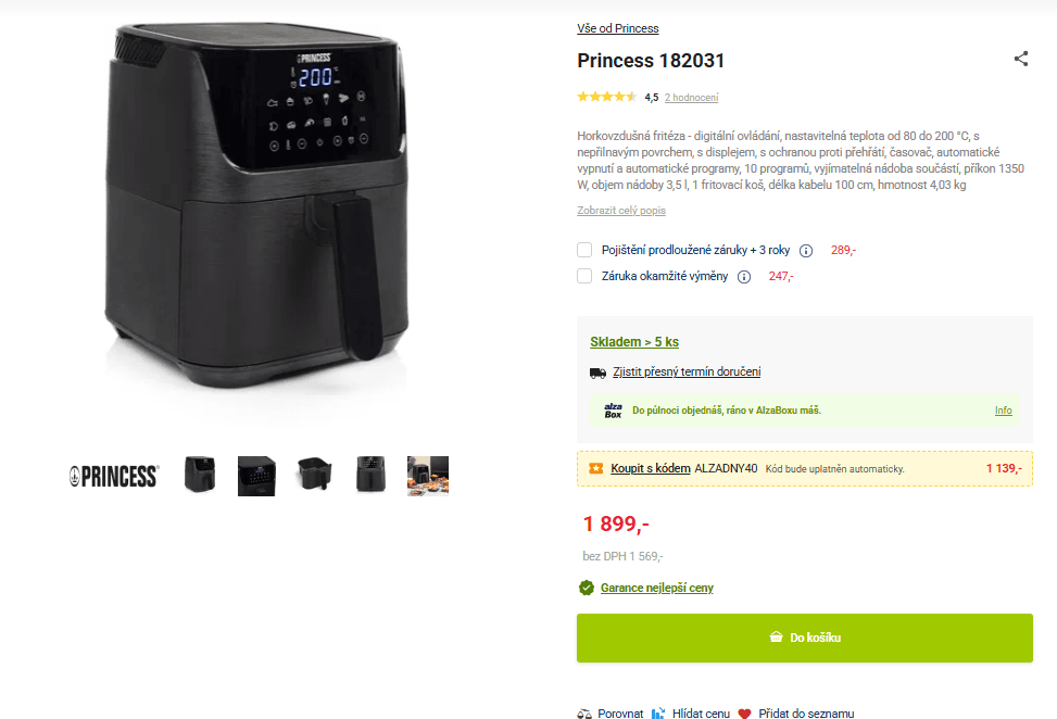Horkovzdušná fritéza Princess 10 prg, 3,5l.