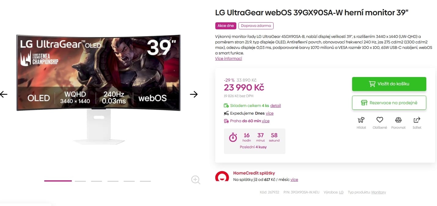 PC herní OLED monitor LG, curved, 39", repro