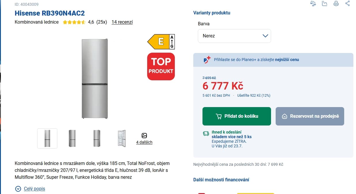 Kombinovaná lednice Hisense, 204/96 l, 185cm