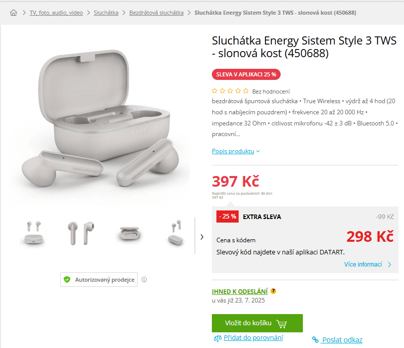 BT sluchátka Energy Sistem TWS, 20 hod.