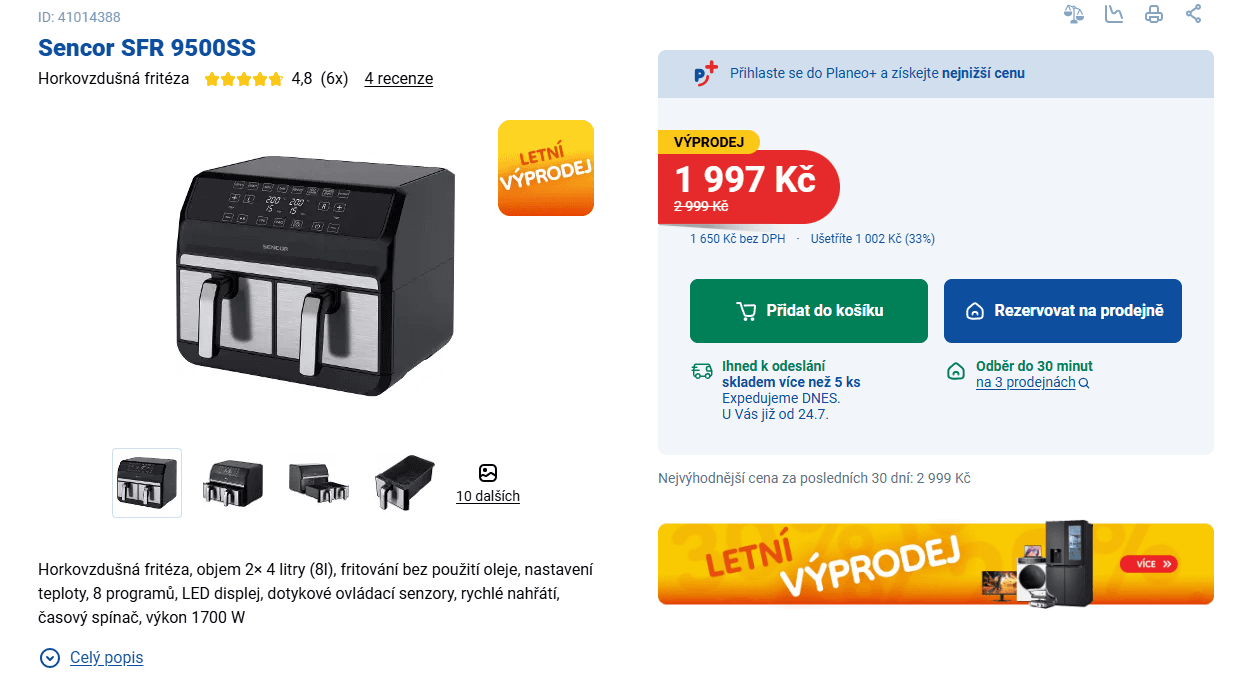 Horkovzdušná fritéza Sencor 2x 4 l., 8 prg