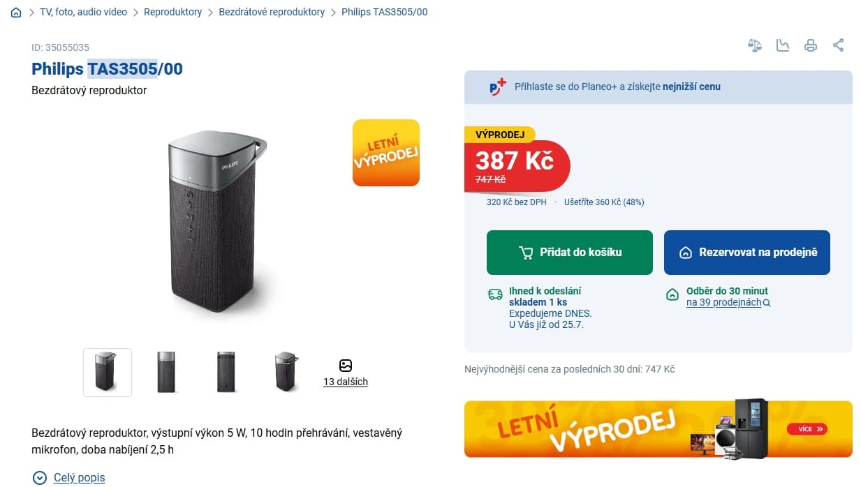 BT repro Philips, 5 W, IPX7