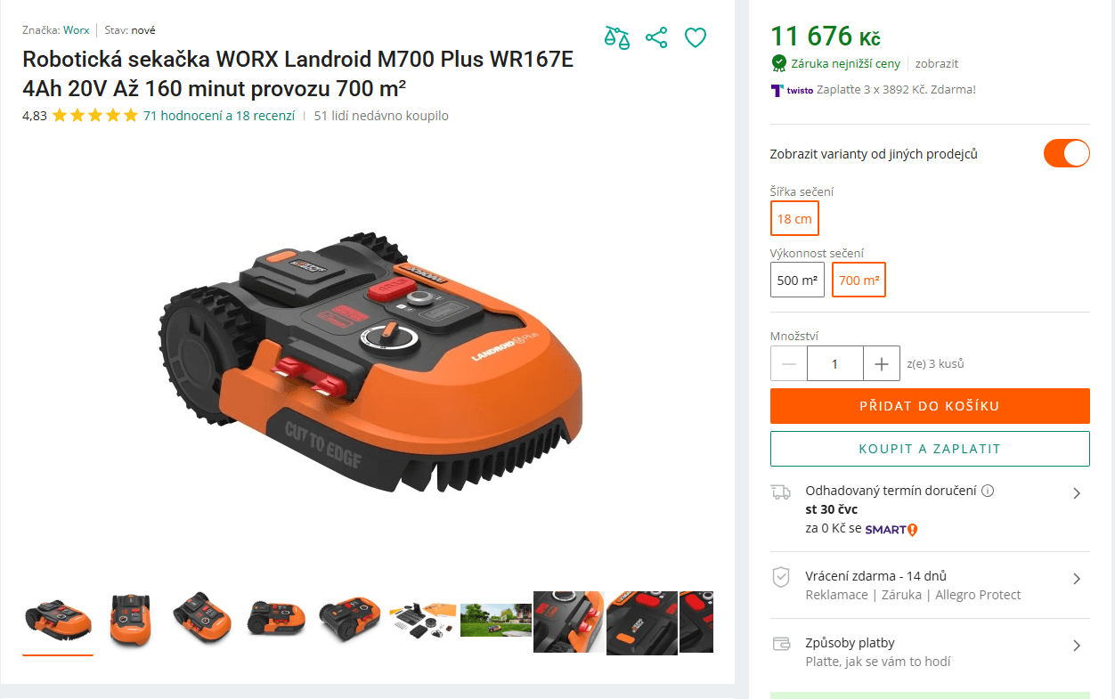 Robotická sekačka Worx 700m