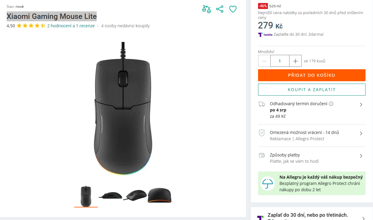 Herní myš Xiaomi, RGB, 6200 DPI