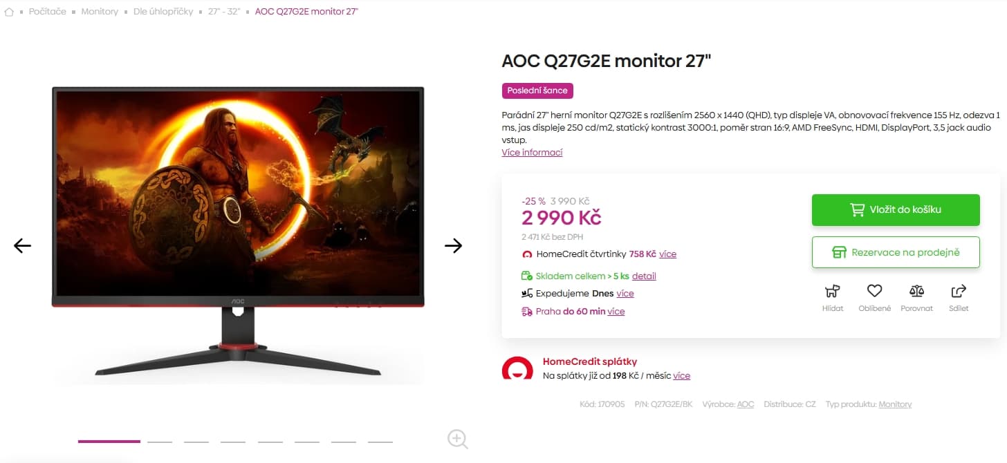 Herní PC monitor AOC QHD, 27"