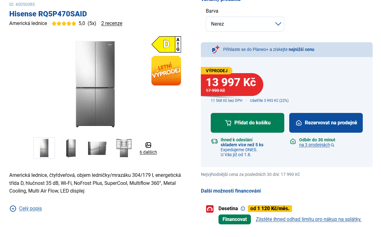 Americká lednice Hisense, Wifi, TNF, 179cm