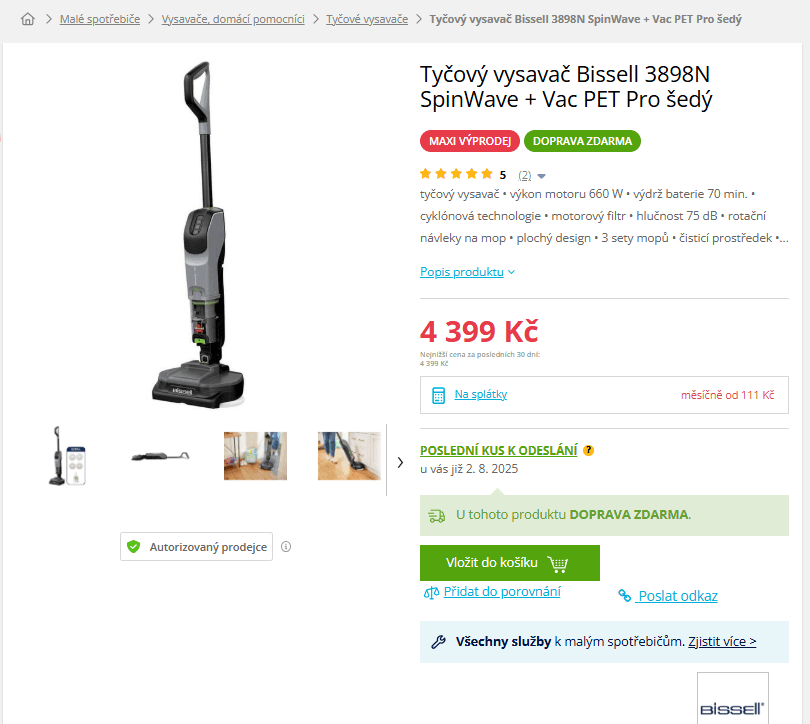 Tyčový vysavač Bissell 3898N SpinWave + Vac PET Pro