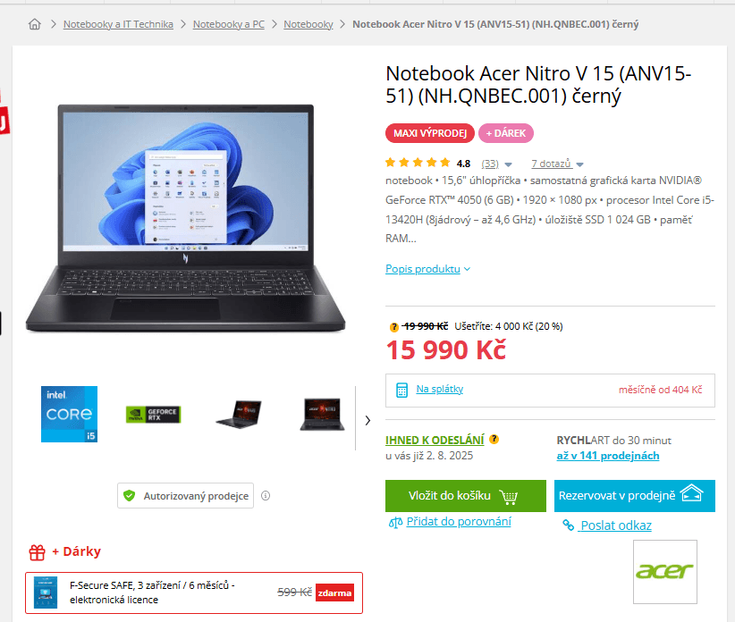 Acer i5 4,6GHz, 16/1000GB, Nvidia 6GB, 15,6"