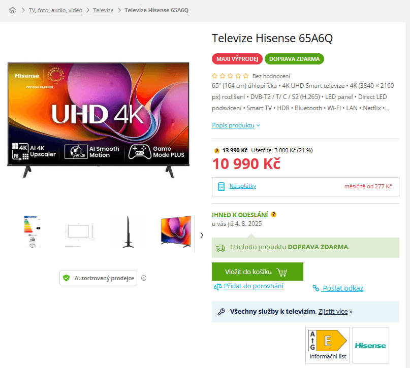 4K Smart TV, 165cm, Hisense