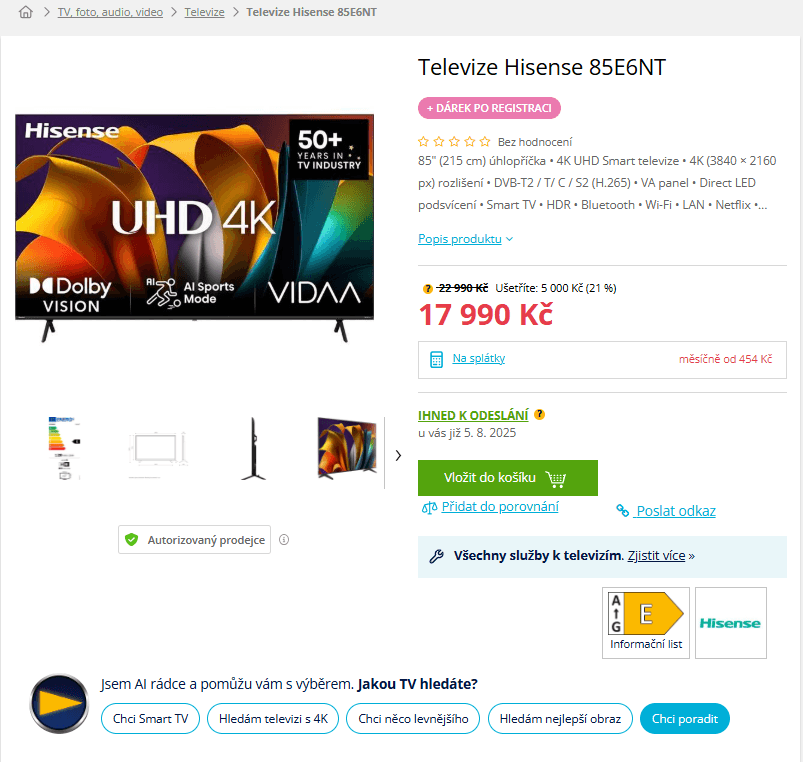 4K Smart TV, 215cm, Hisense
