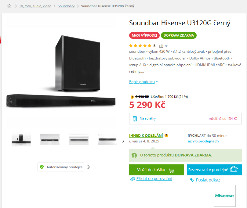 Soundbar 3.1.2 Hisense 420W, Atmos, subwoofer