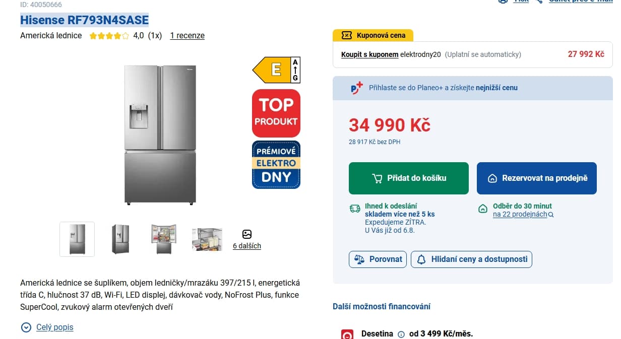 Americká lednice Hisense, led, voda, TNF, 179cm
