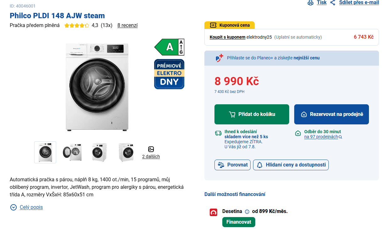 Parní pračka Philco 8kg, 1400ot., A