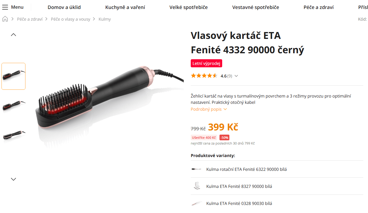 Horkovzdušný žehlicí kartáč na vlasy Eta Fenité