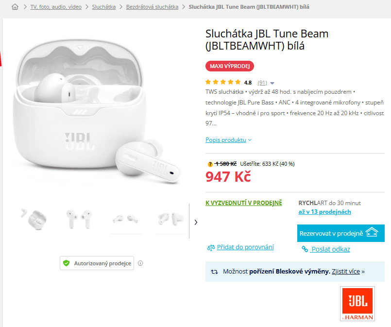 BT sluchátka JBL Tune Beam ANC, 48 hod