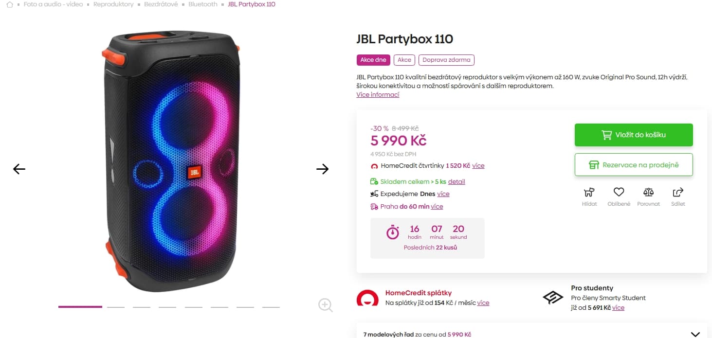 BT repro JBL, 160W, světla, 57x30cm