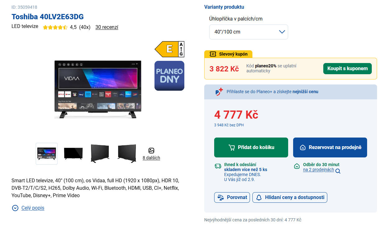 Full HD Smart TV 102cm Toshiba