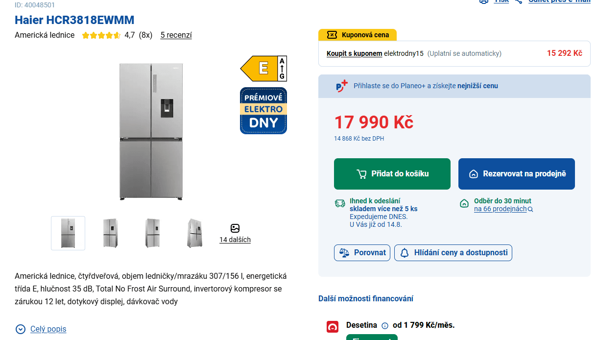 Americká lednice Haier, voda, 182cm