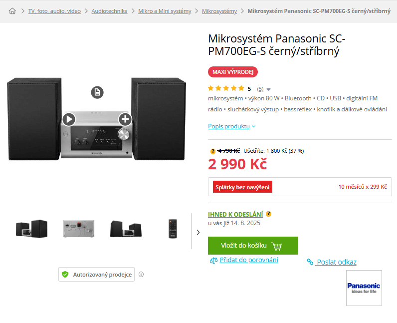 HI-FI systém Panasonic, 80W, BT, CD, FM, USB