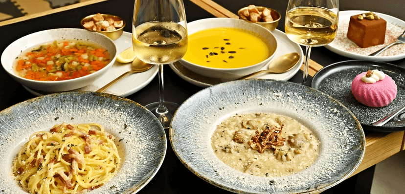 3chod. italské degustační menu pro dva: polévka, hlavní chod, dezert i víno 