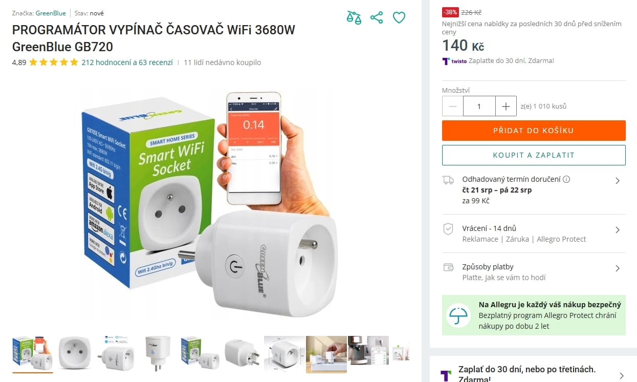 Chytrá zásuvka GreenBlue, Wifi, apk