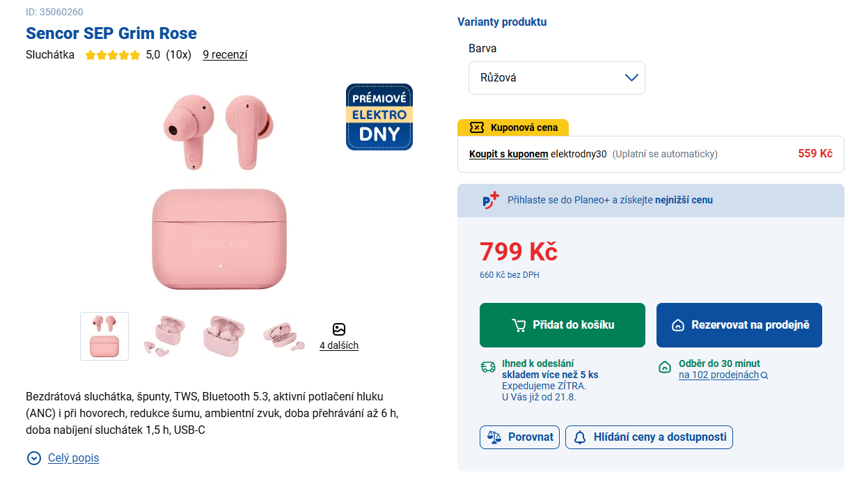 BT sluchátka Sencor ANC, TWS, 
