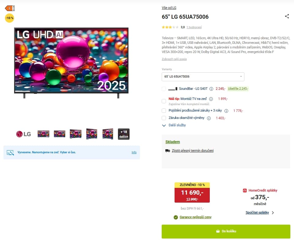 4K Smart TV, 165cm, LG