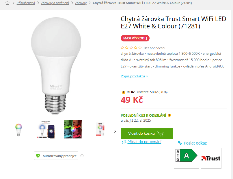 Chytrá žárovka Trust Smart WiFi LED E27