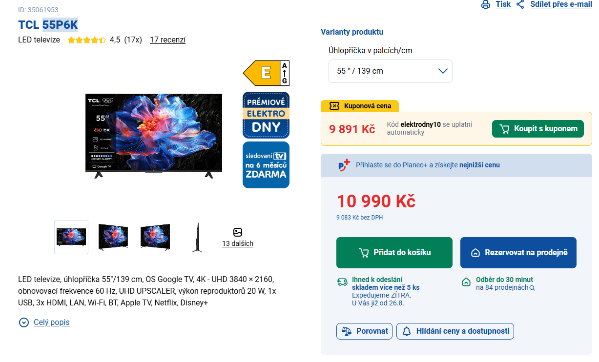 4K Google TV, 139 cm TCL
