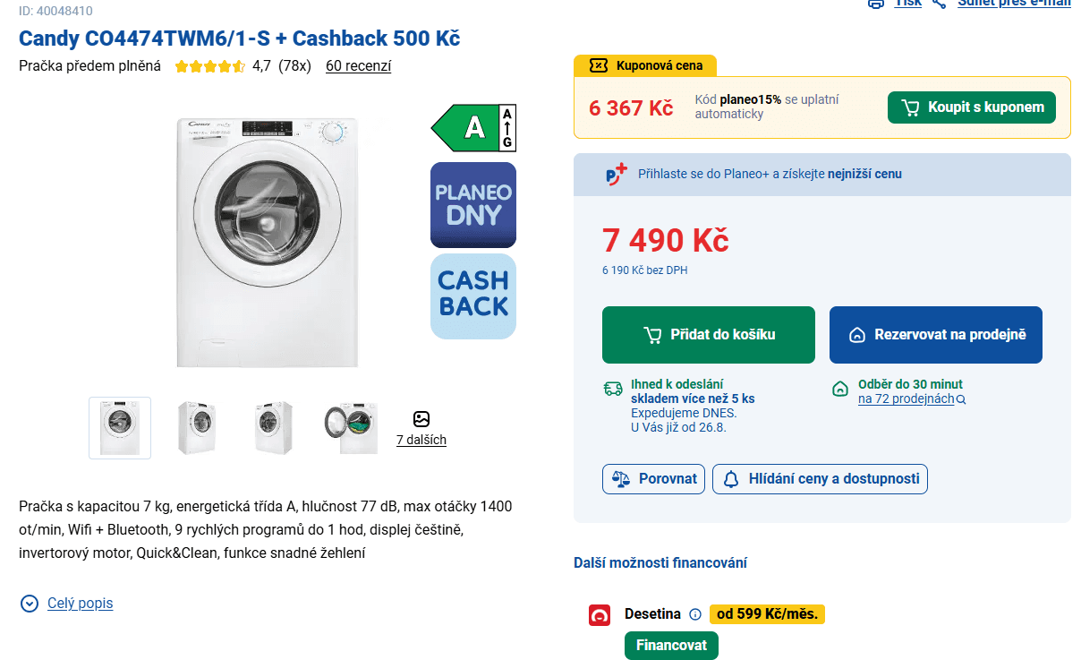 Pračka Candy 7kg, 1400ot., Wifi, 45cm