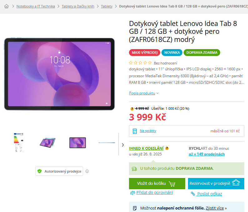 Tablet Lenovo 8x 2,4GHz, 8/128GB, 11"