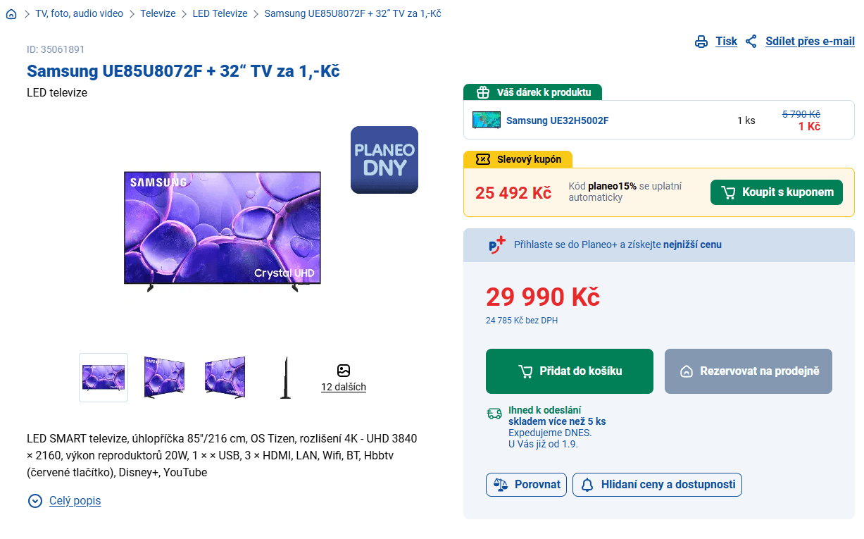 4K TV 216 cm Samsung + 80 cm TV zdarma
