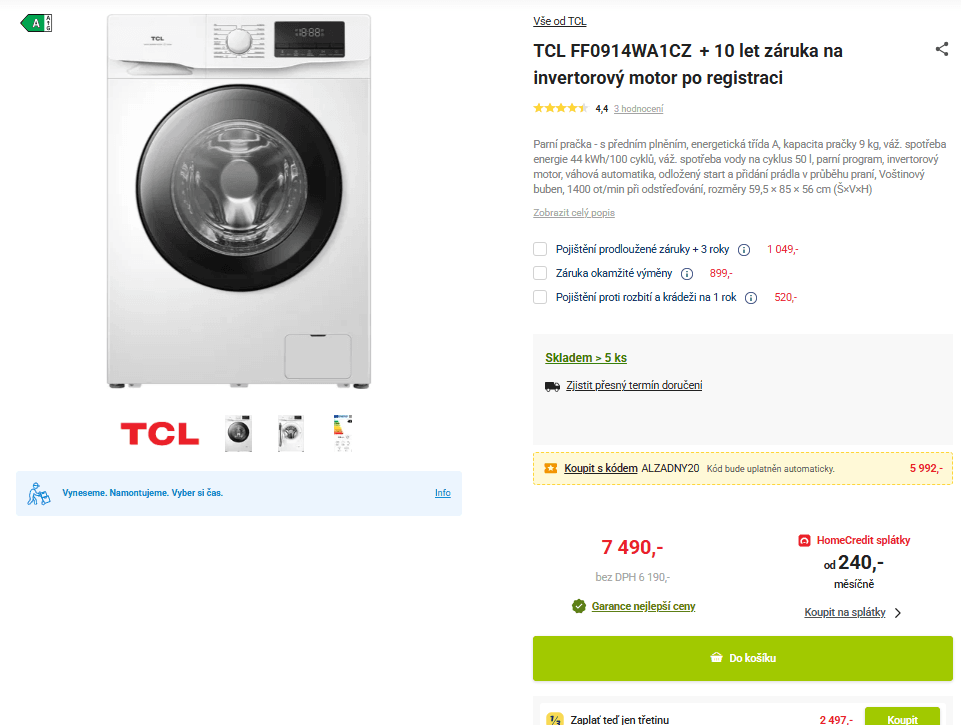 Parní pračka TCL 9kg, 1400ot., A